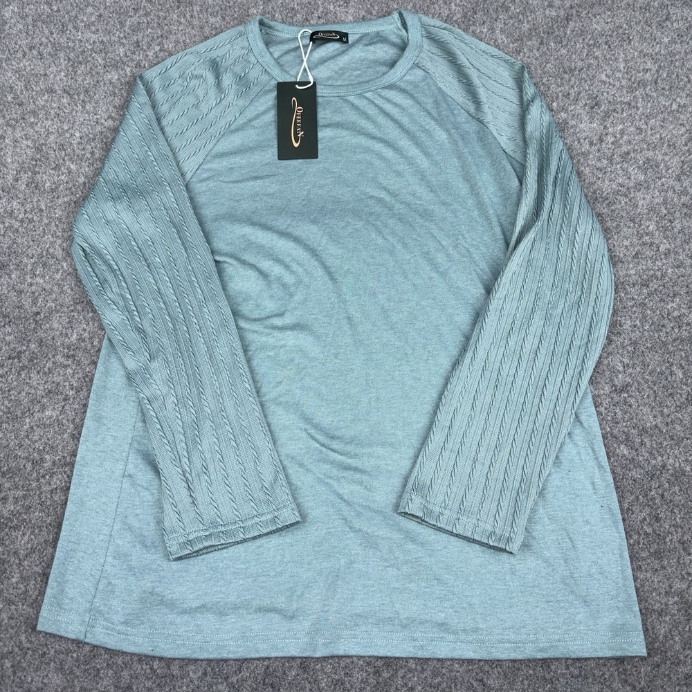 Ofeefan Shirt Women's M Long Sleeve Cable Knit Sleeve Stretch Teal Blue NWT New